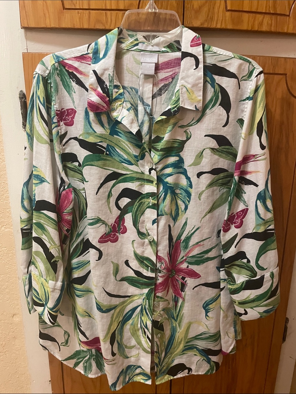 Chico's White Botanical Print Button-Up Blouse with Green & Pink Accents